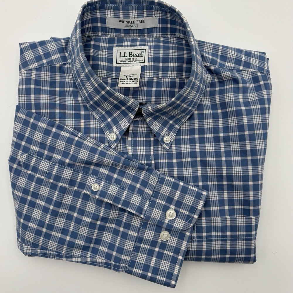 LL Bean Shirt Mens Large Slim‎ Fit Wrinkle Free Blue Plaid Long Sleeve Button